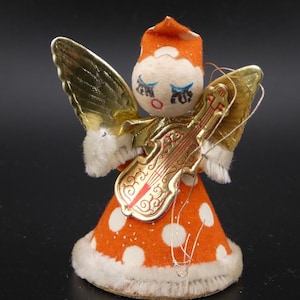 Vintage Christmas Spun Cotton Red & White Polka Dot Angel with Guitar Japan