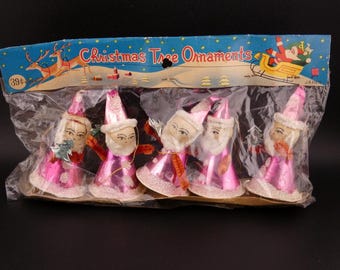 Vintage Christmas Spun Cotton Pink Pixie Elf Santas with Foil Tree Japan Package