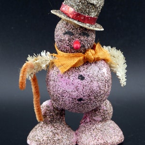 Vintage Christmas Putz Mica Glitter Cardboard Pink Snowman with Cane Japan