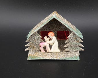 Vintage Christmas Putz Cardboard Mica House Celluloid Angel and Reindeer Japan