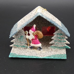 Vintage Christmas Putz Cardboard Mica House Celluloid Santa Claus Japan