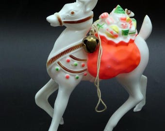 Vintage Christmas Reindeer With Toy Bag Decoration Rare Piece 6 1/4"