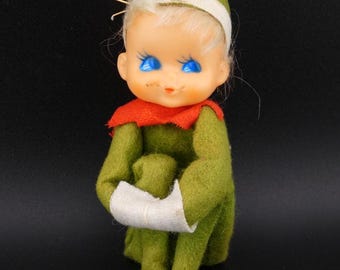 Vintage Christmas Green Knee Hugger Pixie Elf with Blonde Hair & Blue Eyes Japan