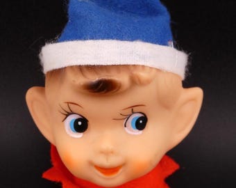 Vintage Christmas Knee Hugger Shelf Sitter Pixie Elf Head with Blue Hat Japan
