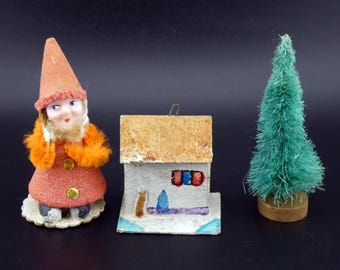 Vintage Christmas Putz Spun Cotton Red Elf with House and Brush Tree Lot