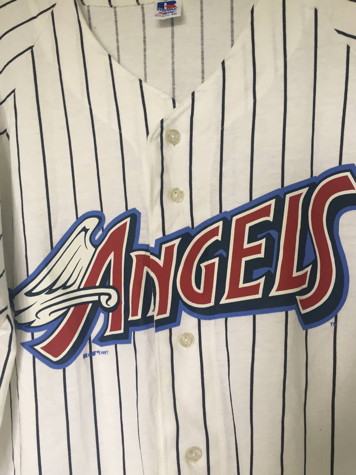 Vintage XXL La Anahiem Angels Jersey White Pinstripe 1997 Russell MLB