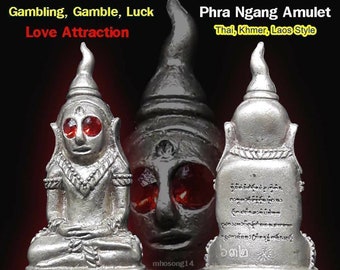 Gambling Gamble Thai Amulet Phra Ngang Red Eyes 2-Temple Code Silver Takrut Limited Wealth Money Luck Love Statue Thailand