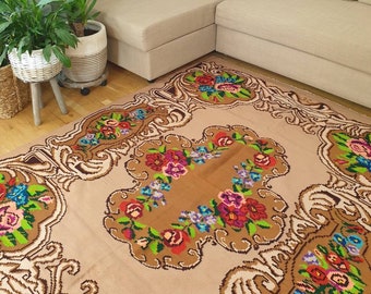 Merino wool floral boho rug made by hand in the loom, colorful very soft merino wool, Romania Tapis fleurs Tapis roumain Tapis vintage