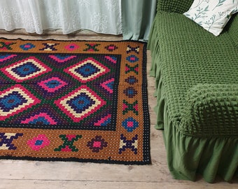 Handwoven vintage Romanian carpet accent geometrical rug, colorful wool, Bohemian carpet