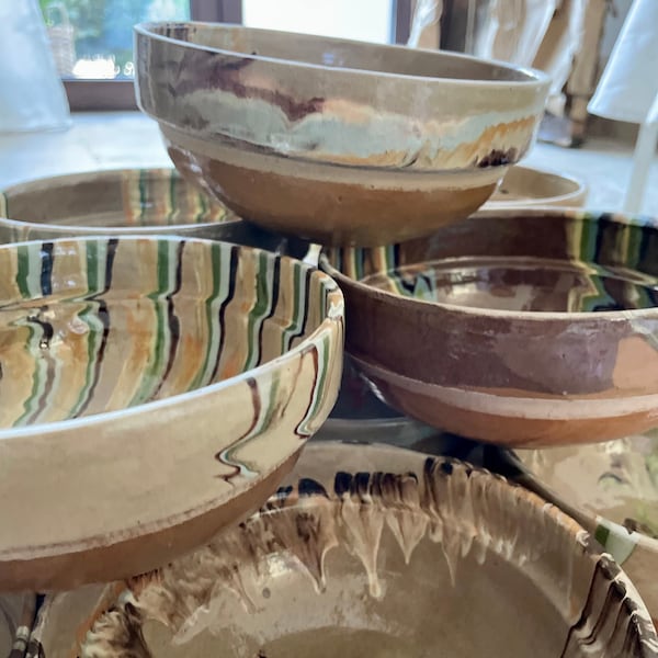 Brown Vintage Handmade Ceramic Bowls, Rustic Primitive Terracotta Romanian Pottery, Farmhouse Earthenware Bowls