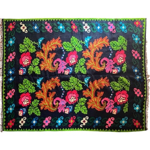 Romanian wool vintage kilim rug floral design with pink and brown accents