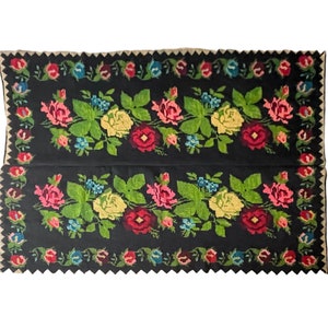 Romanian carpet with floral design, handwoven wool rug black background with roses