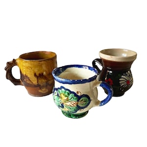 Handmade clay vintage little mugs Romanian traditional pottery, various styles