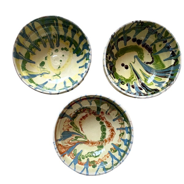 Set of Three Vintage Handmade  Ceramic Bowls, Rustic Primitive Terracotta Romanian Pottery, Farmhouse Earthenware Bowls