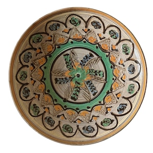 Large Handmade Ceramic Plate, Rustic Primitive Terracotta Romanian Pottery, Farmhouse Earthenware Plate With Turquoise Green Accents