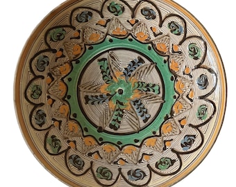 Large Handmade Ceramic Plate, Rustic Primitive Terracotta Romanian Pottery, Farmhouse Earthenware Plate With Turquoise Green Accents