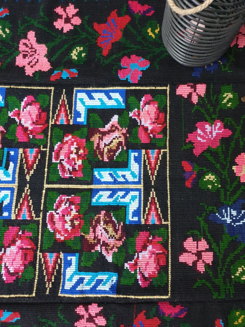 Woven Rug Pattern Roses Handwoven Floral Wool Rug, Black Background With Pink Roses and ...