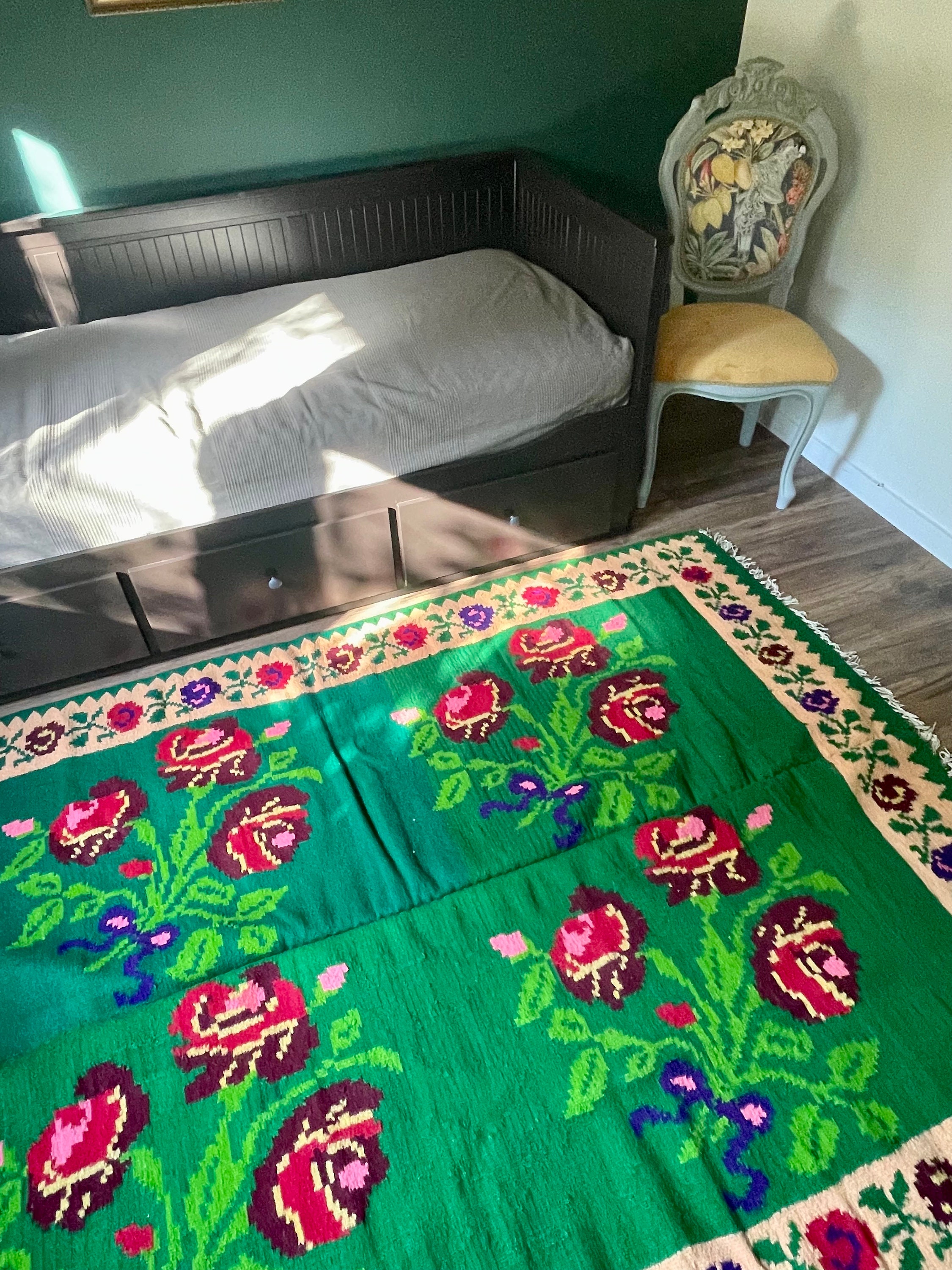 Vintage Wool Rug With Green Background and Floral Design Etsy