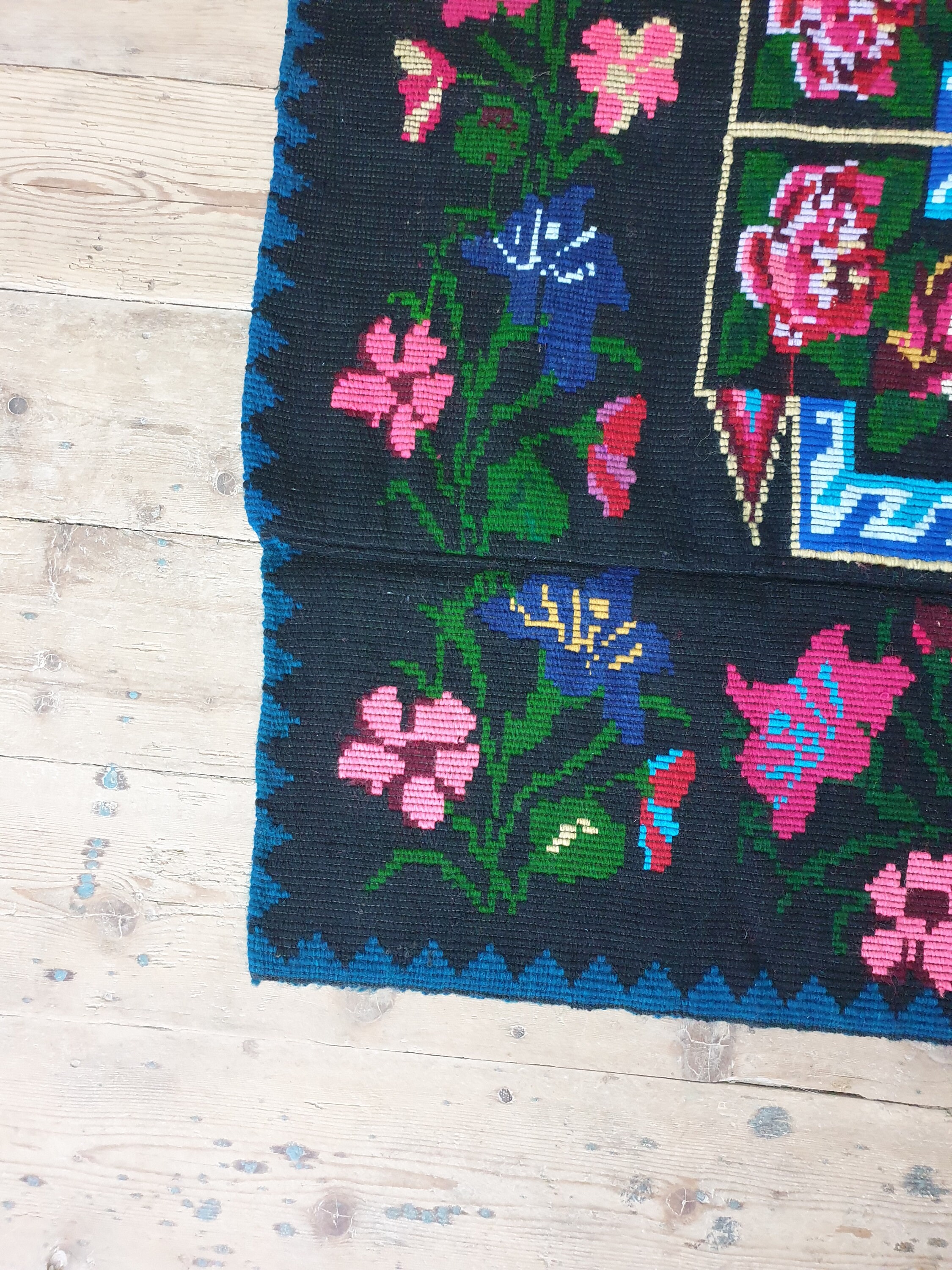Woven Rug Pattern Roses Handwoven Floral Wool Rug, Black Background With Pink Roses and ...