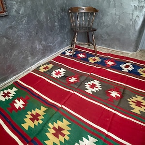 Vintage Romanian kilim, red, blue yellow and green, geometrical design