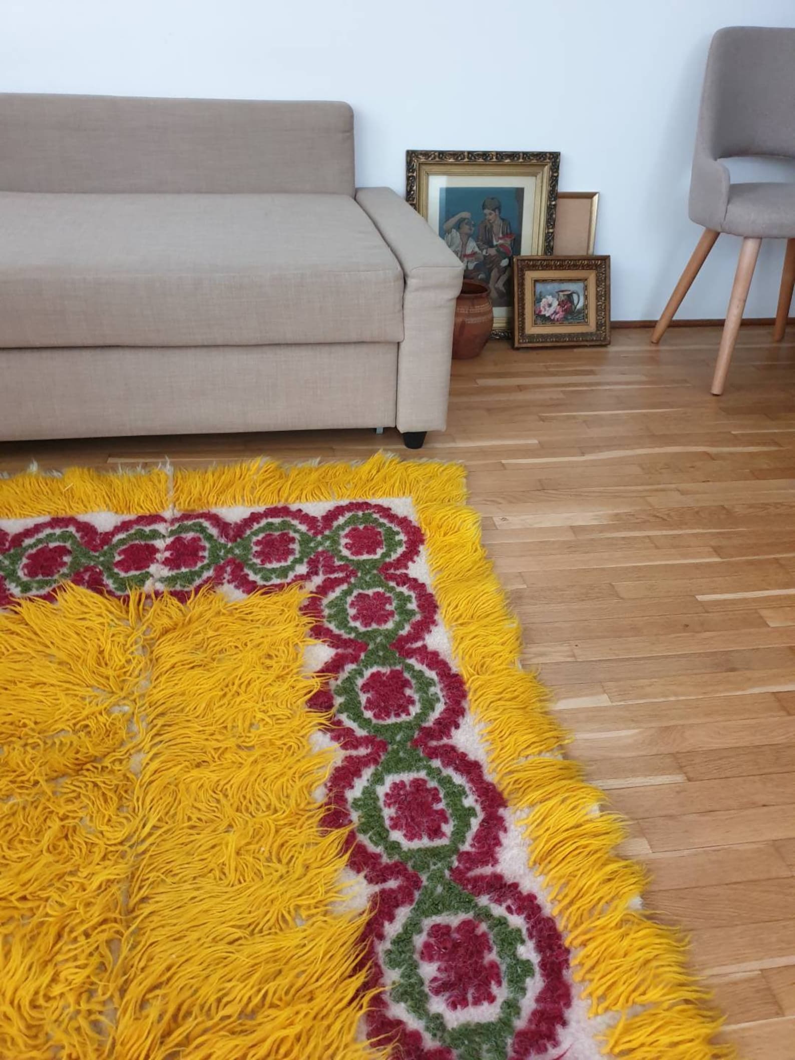 Yellow fluffy wool rug with decorative design made by hand | Etsy