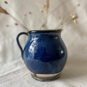 Handmade clay blue vintage pitcher Romanian traditional pottery