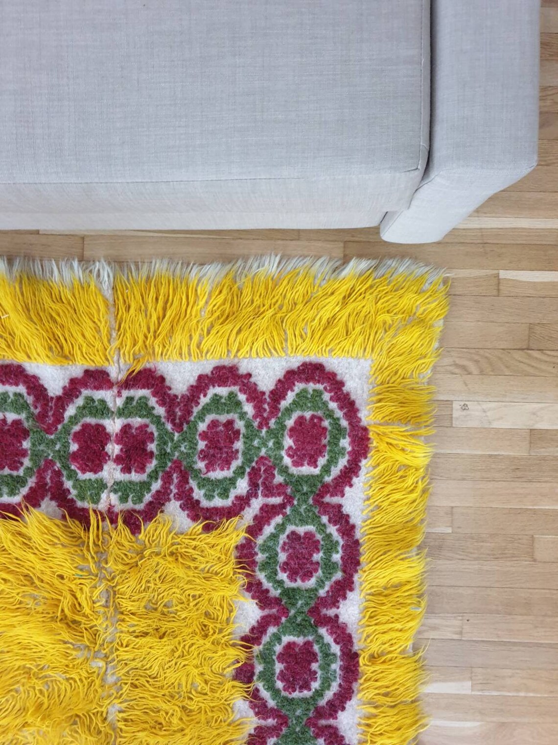 Yellow fluffy wool rug with decorative design made by hand | Etsy