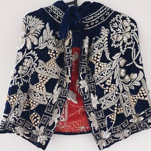 Statement royal cape blue velvet with hand embroidery, vintage Romanian festive clothing