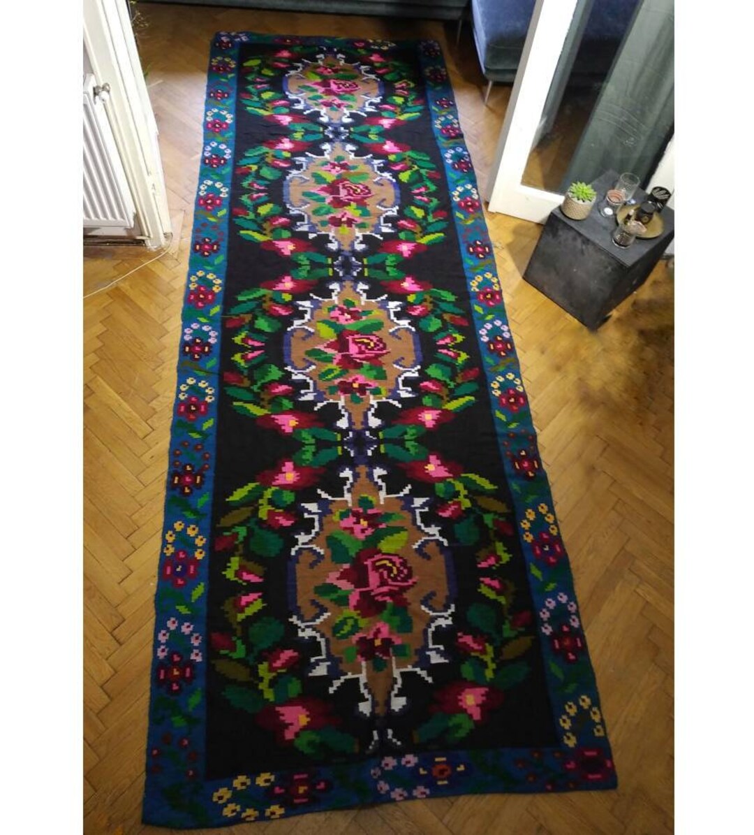 Cross Stitch Floral Boho Carpet Made by Hand on Hemp, Romania Tapis Fleurs  Tapis Roumain Tapis Vintage 