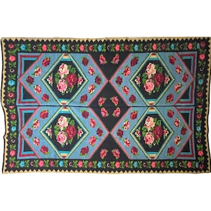 Vintage blue Romanian carpet with beautiful flowers, authentic Romanian handwoven rug