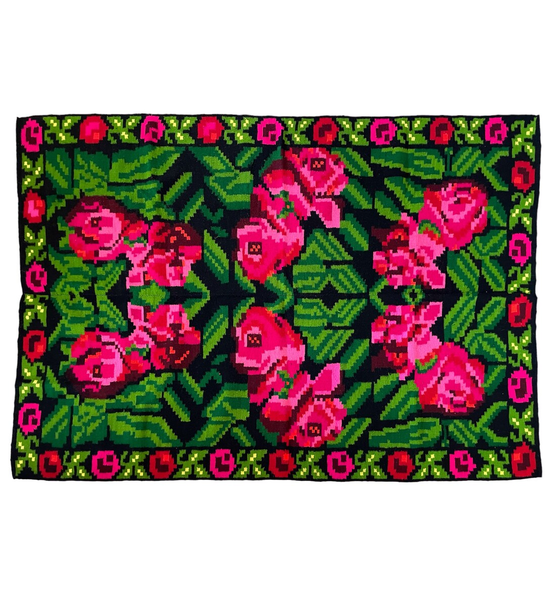 Gorgeous Wool Handmade Rug With Pink Roses From Maramures Romania - Etsy