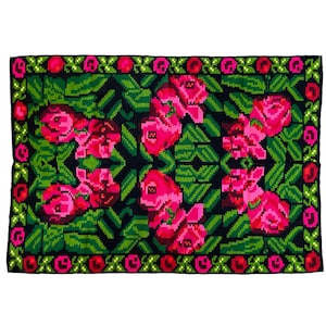 Gorgeous wool handmade rug with pink roses from Maramures Romania