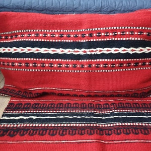 Set of 2 pillow cases and a runner, handwoven wool made in Romania. Rustic design red black and white