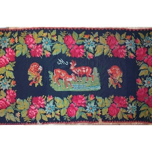 Large Romanian antique gorgeous rug, handwoven in wool, black background with deers and pink roses