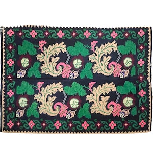 Romanian wool vintage kilim rug floral design and brown leaves