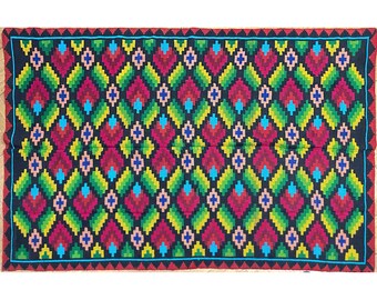 Verbazingwekkende kleuren! Roemeens handgeweven tapijt, geometrisch ontwerp in prachtige kleuren. Tapis romain. Tapis vintage laine. Teppich. Tappeto