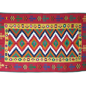 Vintage Romanian kilim, red and green background, geometrical design