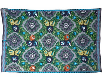 Grey and Green floral design wool rug, handmade in Romania Vintage rug
