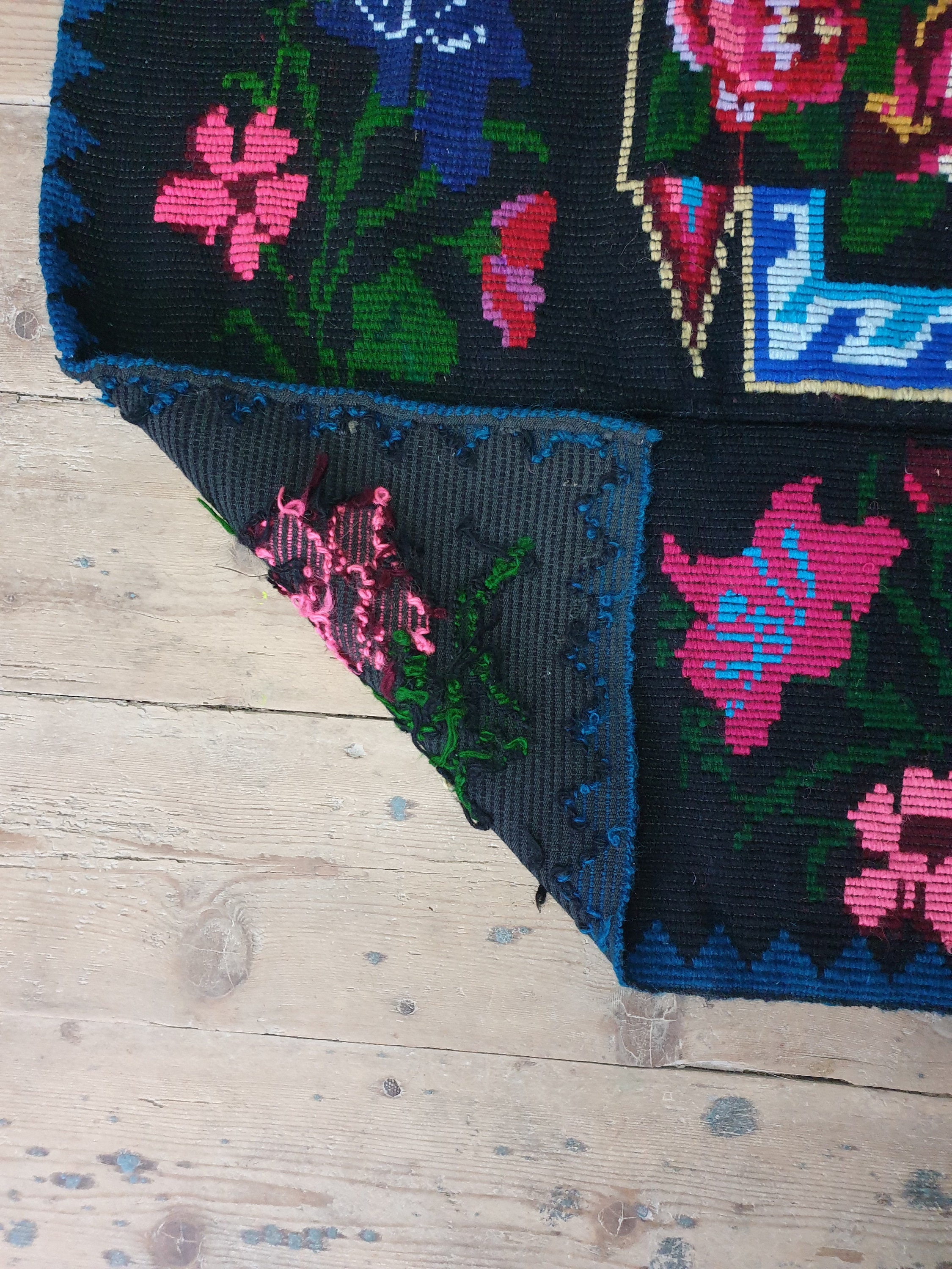 Woven Rug Pattern Roses Handwoven Floral Wool Rug, Black Background With Pink Roses and ...