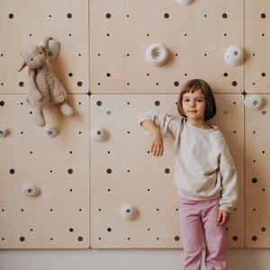 Puede incluir: Un muro de escalada de madera con presas blancas y un peluche de oveja. Una persona joven está de pie junto a la pared, vistiendo una sudadera de color claro y pantalones rosas. La pared está montada en una pared clara.