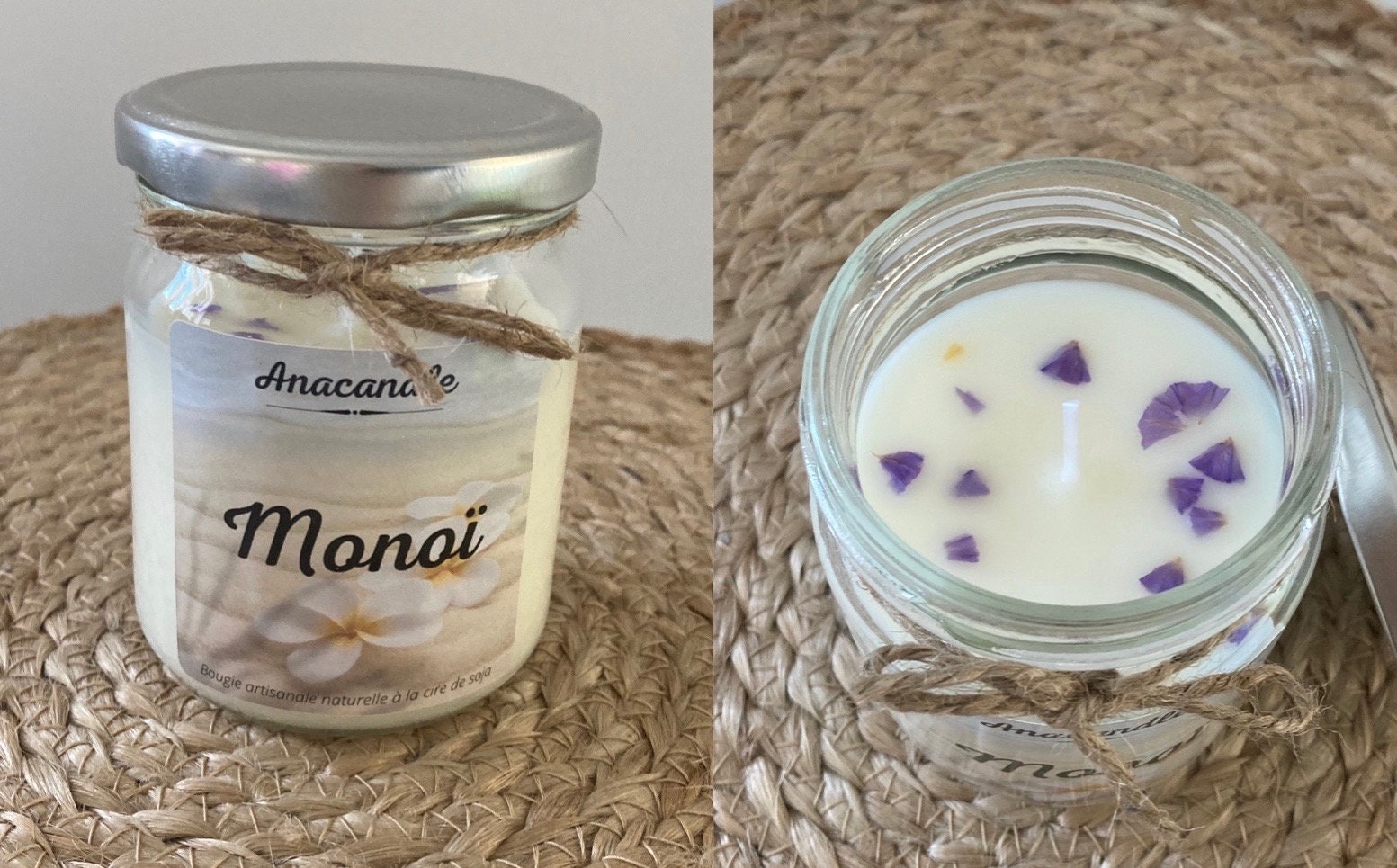 Bougie Artisanale à La Cire de Soja, Parfum Monoï et Fleurs Séchées