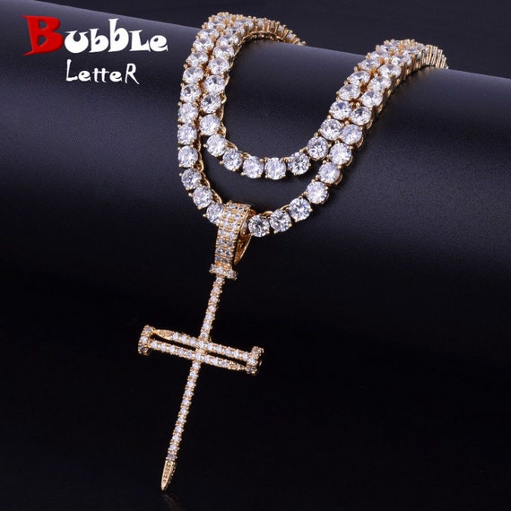 Cubic Zircon Nail Cross Pendant With 4mm Tennis Chain Necklace - Nail Cross Pendant Gold Cubic Zircon Nail Cross Pendant With 4mm Tennis Chain Necklace - Nail Cross Pendant Gold