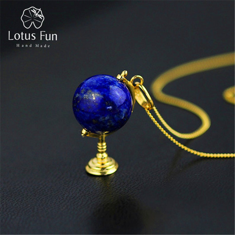 Real 925 Sterling Silver Natural Lapis Handmade Fine Jewelry Fashion Cute Globe Pendant without Necklace for Women