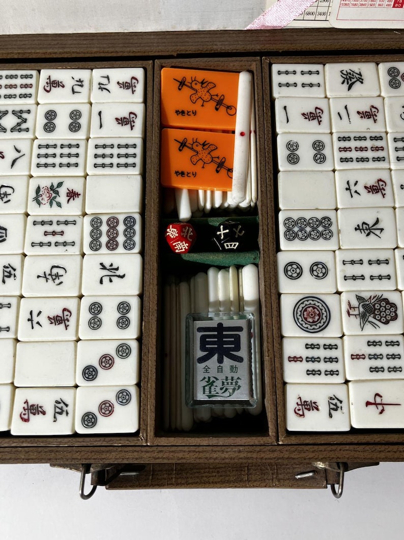 Juego de Mahjong Japonés Vintage con Estuche - Fichas, Dados y Palillos Completos imagen 3