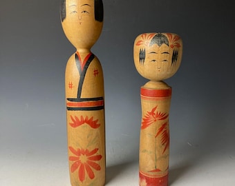 Vintage Japanese Kokeshi Dolls – Hand-Painted & Signed by Artist – 31cm / 12in
