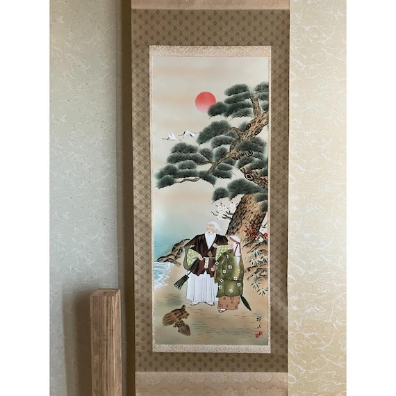 美人群像図 掛け軸 Japanese Hanging Scroll Vintage Japanese Hanging Scroll - Hand-painted Longevity Theme