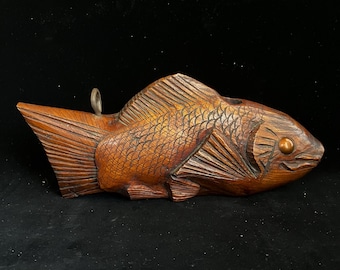 希少なアンティークの囲炉裏自在鉤 - 手彫りの木製囲炉裏鉤、魚の