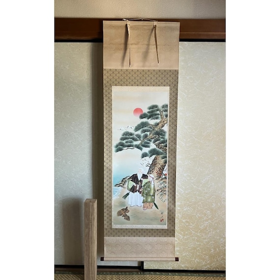 Vintage Japanese Hanging Scroll - Hand-painted Longevity Theme