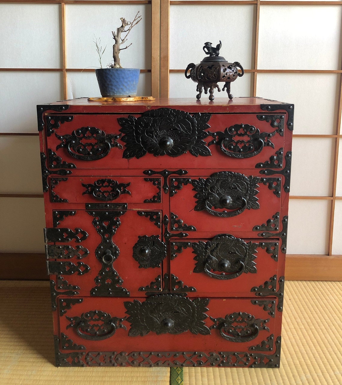 Japanese Vintage Furniture Clothes Chest Red Lacquered Etsy