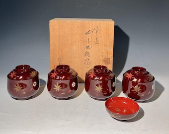 Vintage Japanese Red Lacquer Bowls Set with Wooden Box – Japan Art Gift